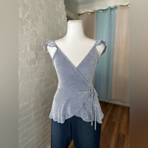 Caution To the Wind Blue & White Faux Wrap Top - Picture 2 of 5